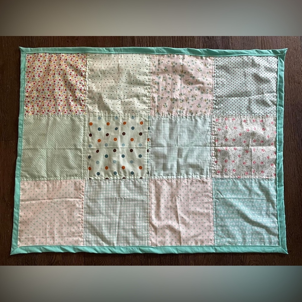 lightweight florals and polka dots sea green 100% cotton baby or toddler quilt